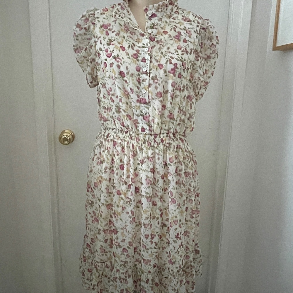 Ellison Cream and Pink Casual Sundress with Flutter Cap Sleeves